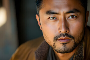 Obraz premium Focused Asian man with professional expression. Close-up portrait, natural light, sleek tones, modern professional, branding-friendly