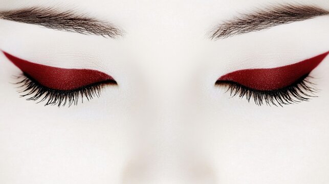 Close-Up of Beautiful Eyes with Red Eyeliner and Long Lashes on a Pale Background, Creating a Striking and Artistic Look for Makeup and Beauty Concepts