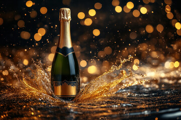 Fototapeta premium Glamorous champagne bottle amidst sparkling water