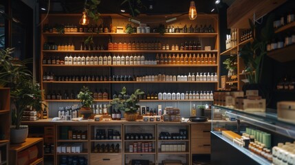 Modern Apothecary Shop Interior with Shelves of Natural Products