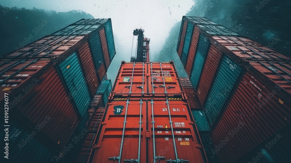 Poster a low angle view of a crane loading shipping containers in a foggy harbor.