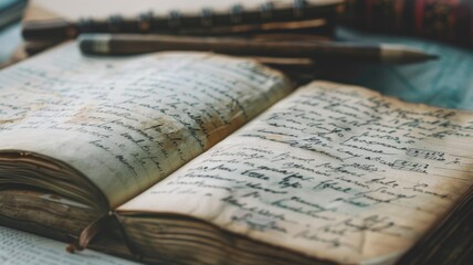 Antique journals and handwritten texts on desk for vintage literature or writing theme