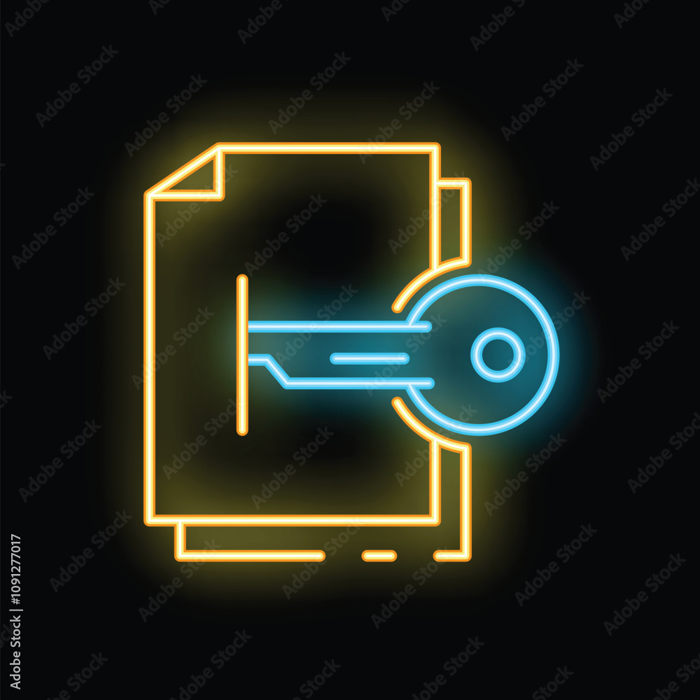 Poster glowing neon icon of a key unlocking confidential documents, representing data security and encrypti