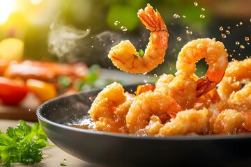 Fried shrimp flying in the air, just out of the oil pan with splashes and smoke