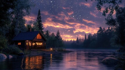 Fototapeta premium Cozy riverside cabin glowing warmly under a twilight sky filled with stars and a gentle aurora, surrounded by lush trees and a tranquil river.