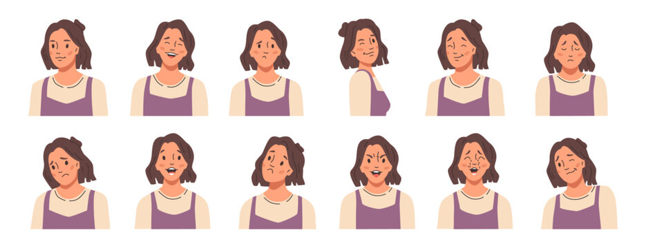 Facial expression of female character personage. Vector in flat style, isolated set of mimics. Sadness and happiness, laughing girl and feeling blue or sad. Showing surprise of contempt