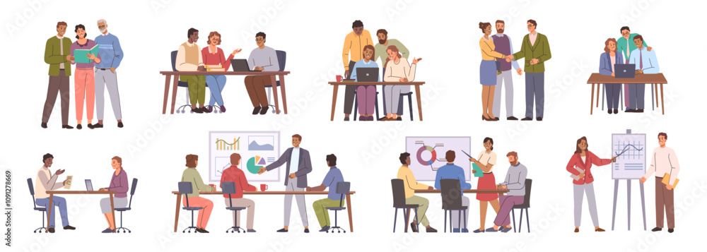 Poster business team meeting. vector isolated groups of people in office. professional teamwork at work pla