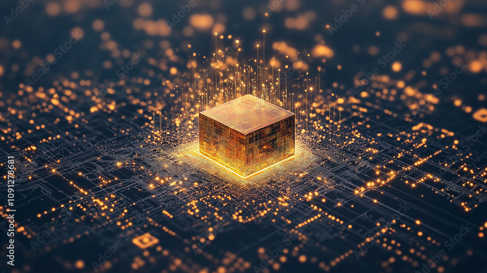Poster golden cube of innovation: a glowing cube rests at the heart of a complex circuit board, symbolizing