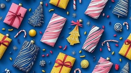 Fototapeta premium seamless of A blue and white background with a variety of Christmas trees and ornaments , isolated on white background, , copy space, copy space for text,