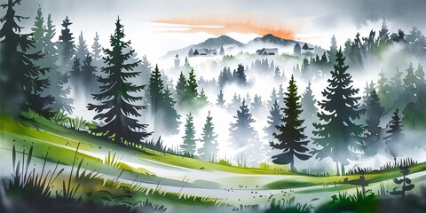Fototapeta premium Watercolor Illustration of a Misty Evergreen Forest with Dreamy Misty Vibes