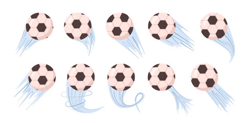 Fototapeta premium Flying soccer ball, action effect for play posters or football banners. Vector in flat style, isolated set of leather ball for players. Trace or swirl of wind, competition and championship