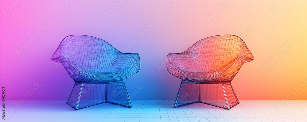 Poster two wireframe chairs stand on a gridded floor with a vibrant gradient background