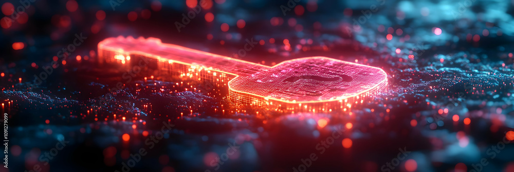Poster glowing key on abstract background represents digital security