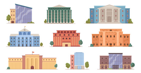 Bank financial institutions for clients deposits and transactions. Vector isolated municipal buildings, city infrastructures. Exterior of establishment, facade front view construction