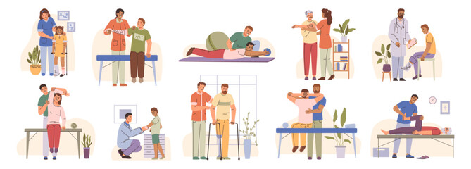 Injury and immobility rehabilitation and physiotherapy at specialized clinic or hospital. Vector isolated flat, set of characters with fractured legs and arms taken care by specialists and doctors