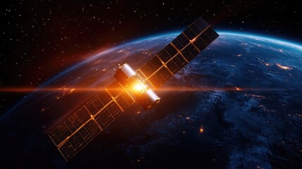Obraz premium Futuristic Satellite Orbiting Earth with Solar Panels Illuminated, Highlighting Advanced Technology for Global Connectivity
