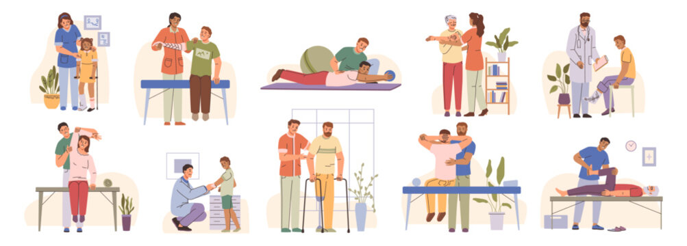 Injury and immobility rehabilitation and physiotherapy at specialized clinic or hospital. Vector isolated flat, set of characters with fractured legs and arms taken care by specialists and doctors