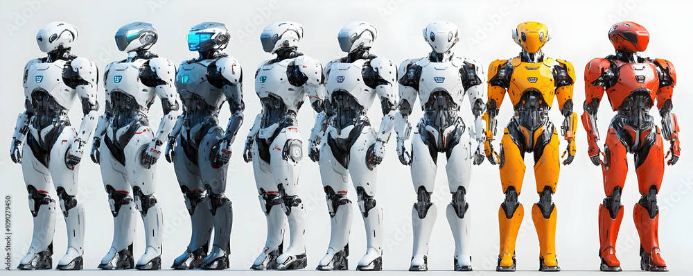 Poster group of futuristic robots with advanced technology standing together on a white background