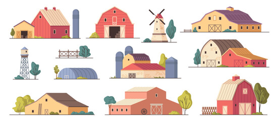 Agricultural complex farms set. Vector country houses of modern village collection, factory warehouse for wheat crop storage and distribution, barns and mill, water tower and greenery house © Sensvector