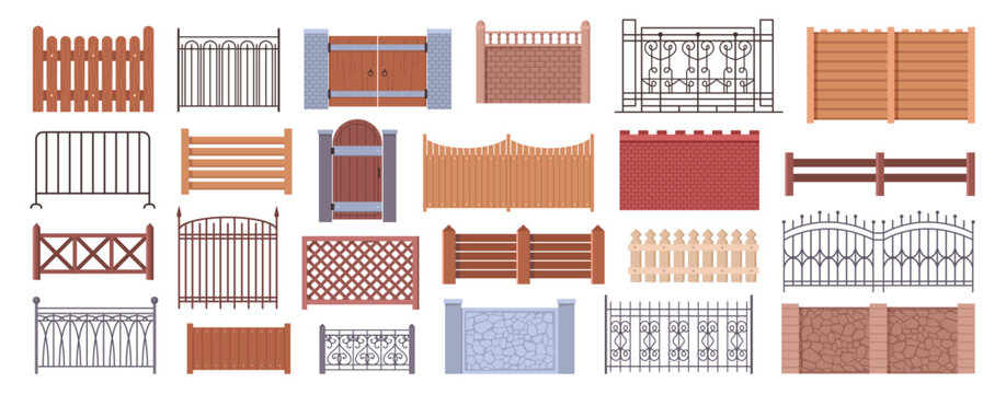 Cartoon gates and fences set. Vector wooden and metal, stone or brick structures. Isolated entrance to garden or park with ornaments. Barriers constructer from steel, rocks and wood