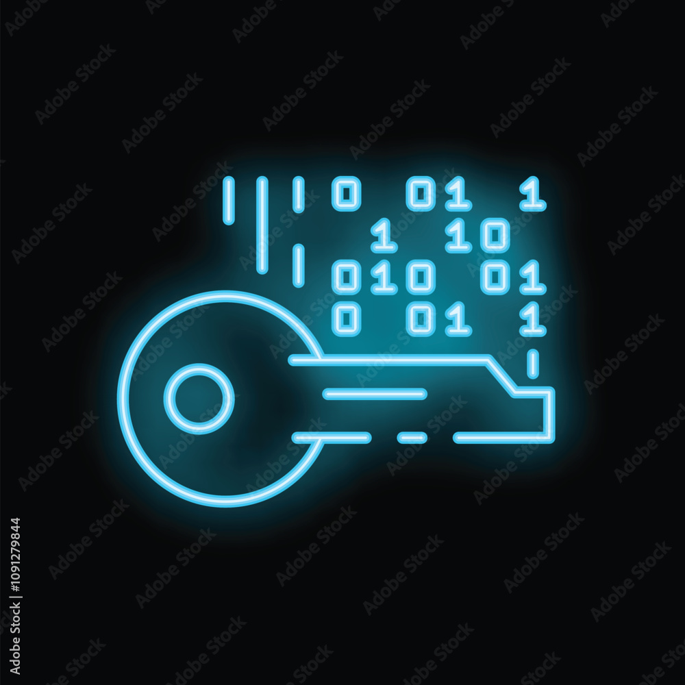 Poster glowing neon key is unlocking digital binary code in this illustration about cybersecurity