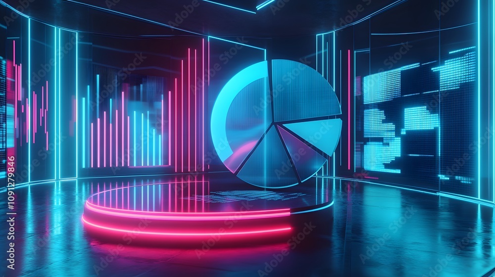 Poster a futuristic digital environment with neon lights, showcasing a pie chart and bar graphs, ideal for 