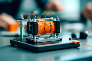 Fototapeta premium A close-up of a coil device with orange wires on a lab table, showcasing electrical components and technology in a scientific setting.