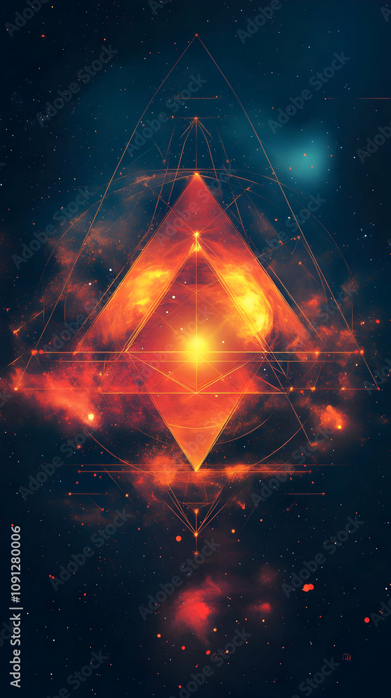 Poster Abstract Space Art: A Glowing Pyramid Structure with Geometric Lines and Nebula Clouds