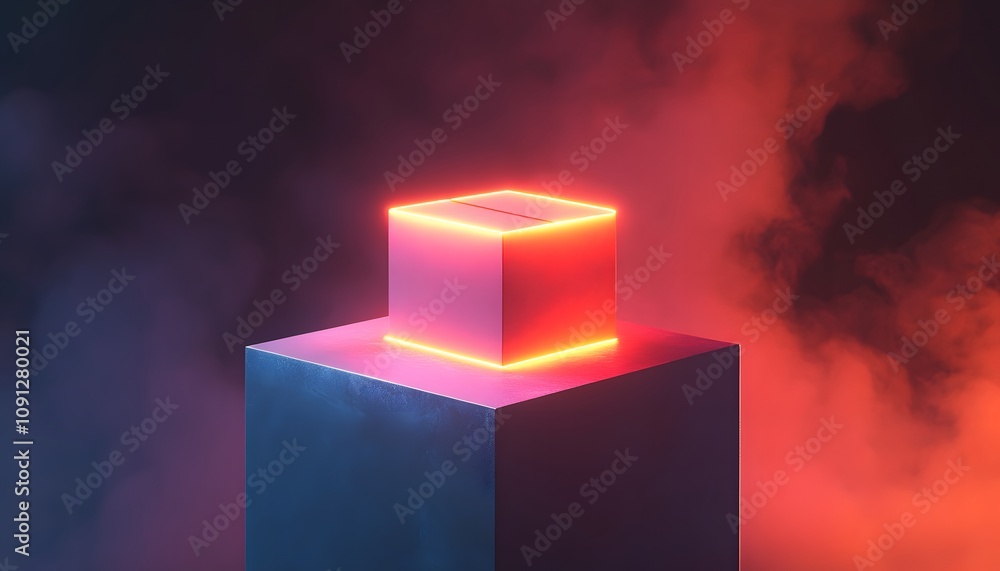 Poster a glowing cube sits atop a pedestal in a smoky environment, combining elements of light and shadow t