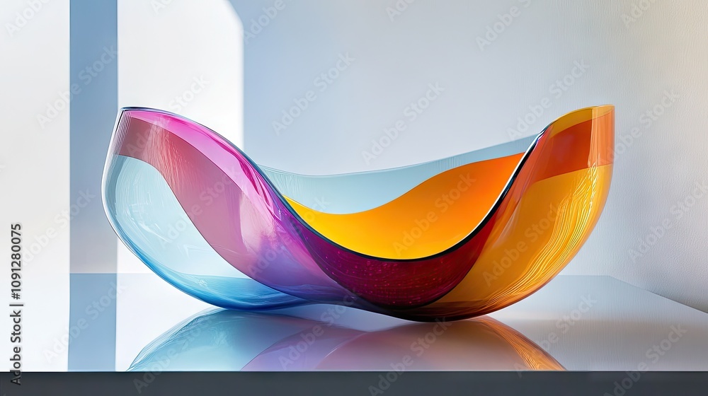 Poster curved glass forms in dynamic gradient hues, creating a clean abstract design.