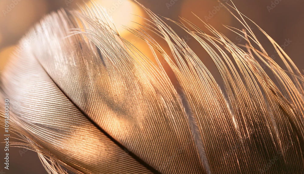 Poster pile of light coloured fluffy feathers close-up. duck down feathers texture as a background, macro. 