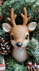 Festive holiday scene with adorable reindeer figurine surrounded by wrapped gifts, pine cones, and evergreen branches, creating a cozy Christmas atmosphere