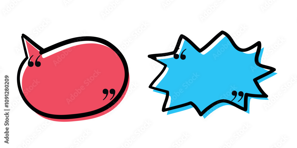 Aufkleber speech bubbles in various shapes and colors with quotation marks on a white background.