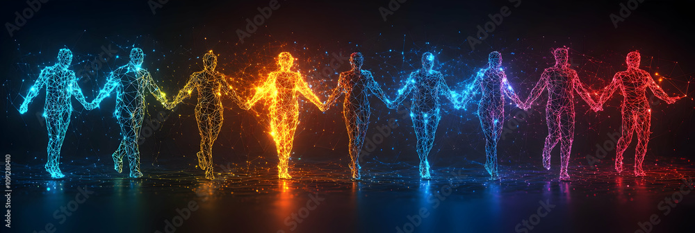 Poster abstract human figures connected by lines of light stand in unity