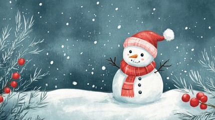 Fototapeta premium A cheerful winter greeting card featuring a smiling snowman adorned with a red hat and scarf, surrounded by snow, pine branches, and bright red berries against a snowy backdrop.