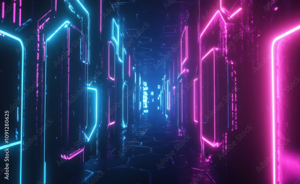 Poster futuristic corridor with vibrant neon lights and reflective surfaces, creating a dynamic and immersi