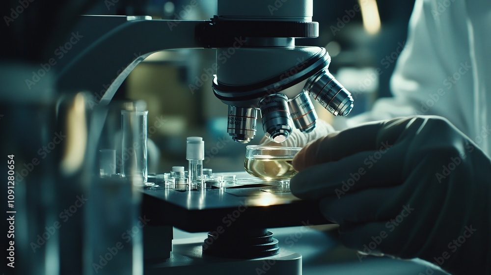Poster scientists utilizing microscope to examine liquid sample in laboratory setting with focus on precisi