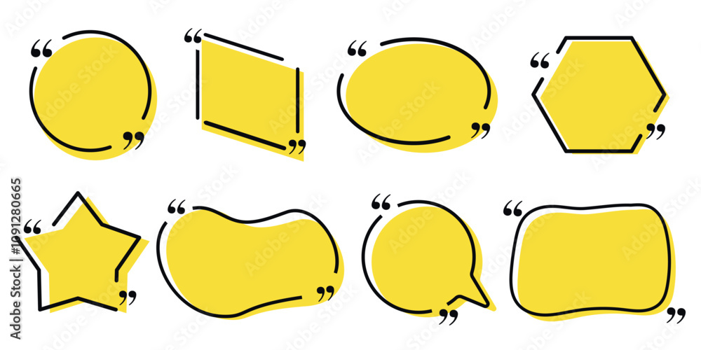 Aufkleber speech bubbles in various shapes and colors with quotation marks on a white background.