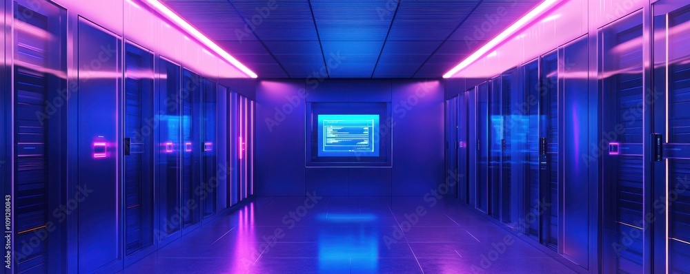 Poster futuristic data center with neon lighting, sleek server racks, and digital displays creating a moder