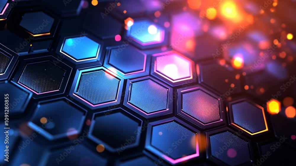 Poster abstract and futuristic hexagonal background with colorful and glowing neon effect. modern technolog