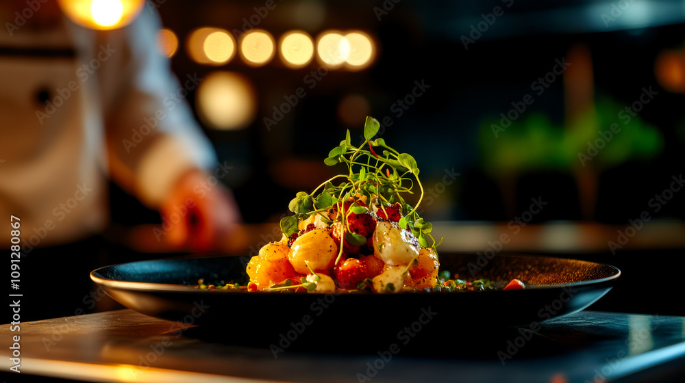 Wall mural A beautifully plated gourmet dish garnished with fresh herbs, illuminated by soft lighting, showcasing culinary artistry in a restaurant setting.