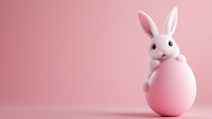 Obraz premium Cute Easter bunny peeking out from a pastel pink egg against a soft pink background, ideal for festive greetings with ample space for personalized text or messages.