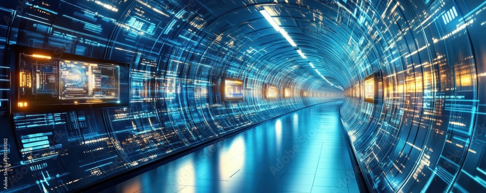 Poster futuristic digital tunnel with dynamic blue light and neon elements, representing speed and technolo