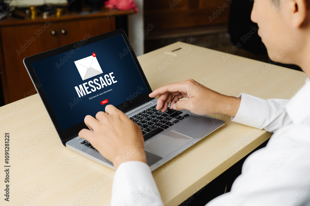 Poster email notification message showing on computer screen snugly. digital marketing message information 