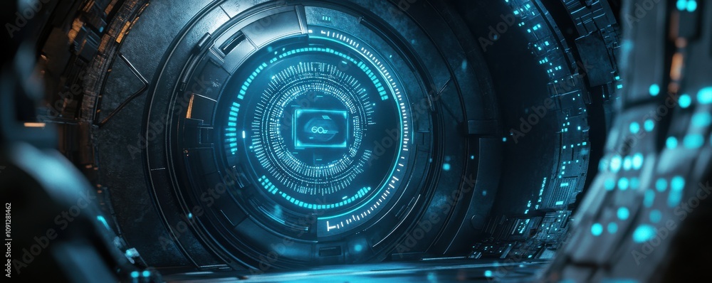Poster futuristic sci-fi corridor with glowing blue lights and high-tech interfaces ideal for exploring con