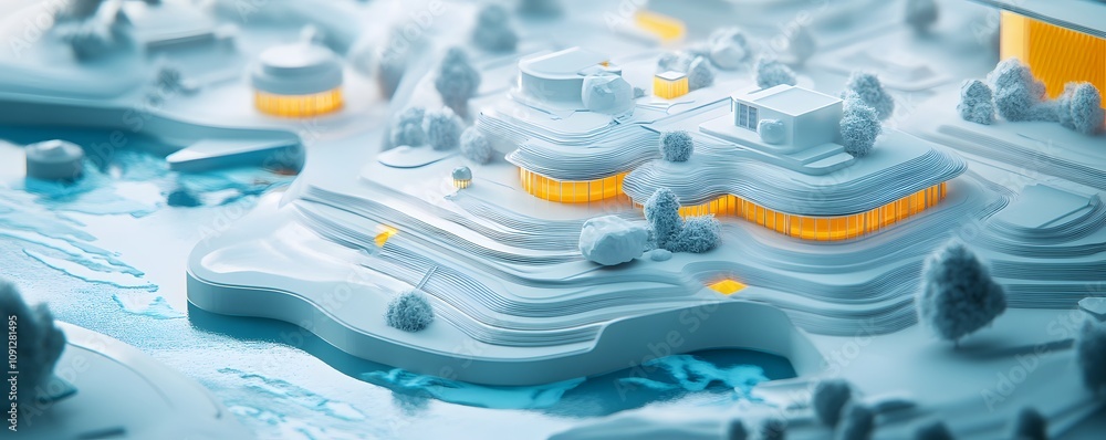 Poster a stunning 3d rendering of an abstract architectural landscape featuring intricate structures surrou