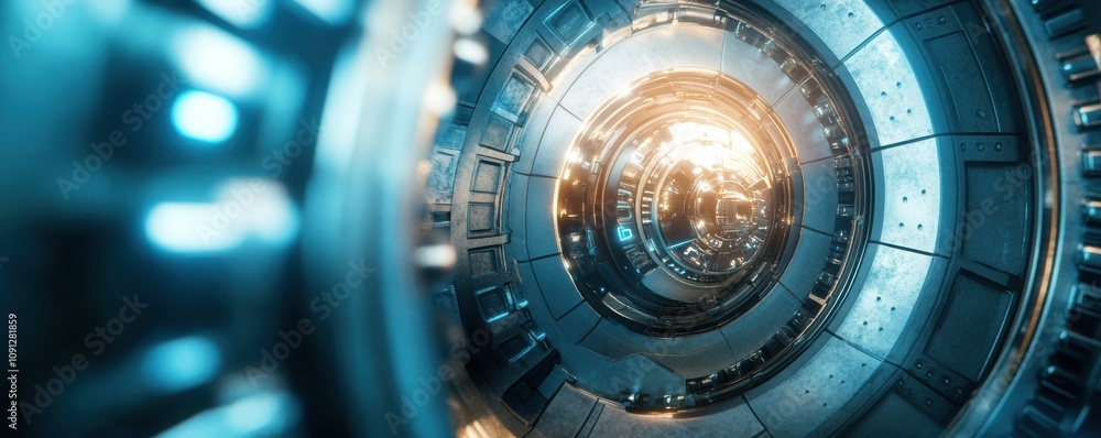 Poster futuristic sci-fi tunnel with intricate metallic structures and glowing light effects creating an im