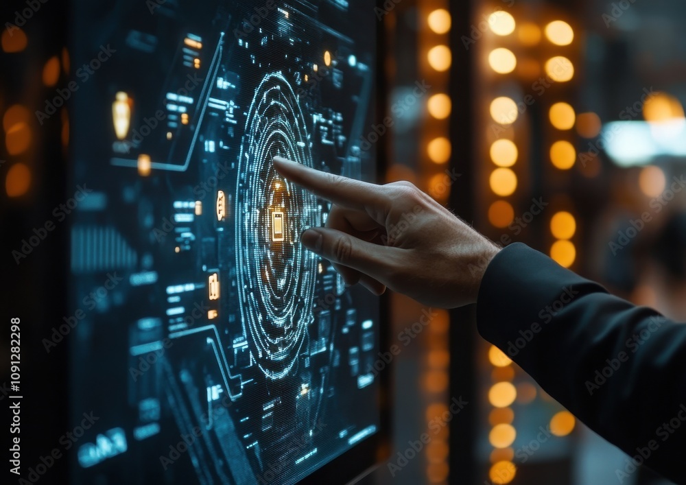 Poster futuristic user interface interaction with touchscreen technology in smart device with glowing eleme
