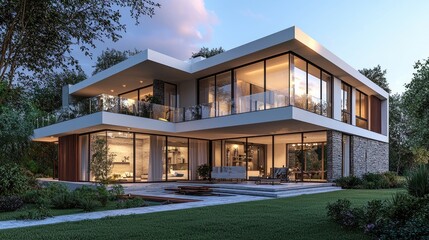 Fototapeta premium Contemporary outdoor area with a composite deck, modular seating, a metal pergola with shade sails, and a manicured garden, ideal for relaxation