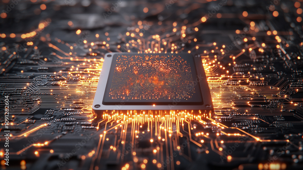 Poster glowing cpu: high-tech close-up of a central processing unit (cpu) with vibrant orange circuitry, ra